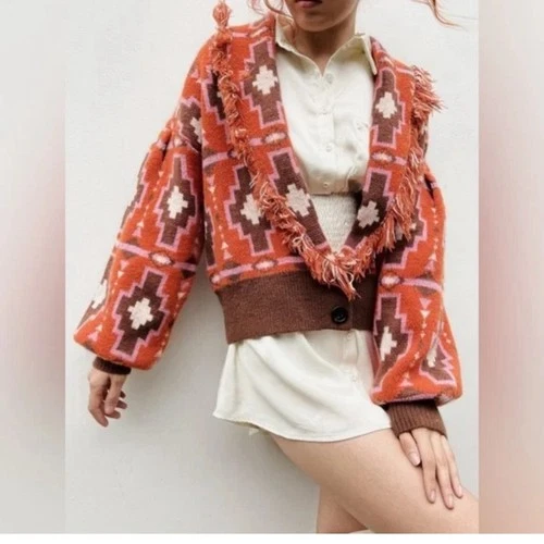 Cider Women's Multicolor Aztec Boho Fringe Cardigan - Medium