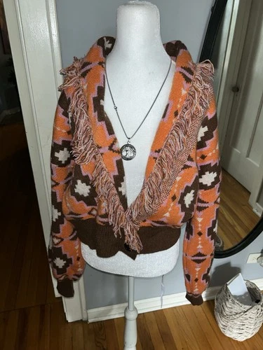 Cider Women's Multicolor Aztec Boho Fringe Cardigan - Medium - photo 3