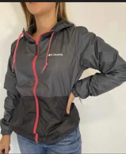 Columbia Hooded Windbreaker Lined Jacket L Gray Pink Zip