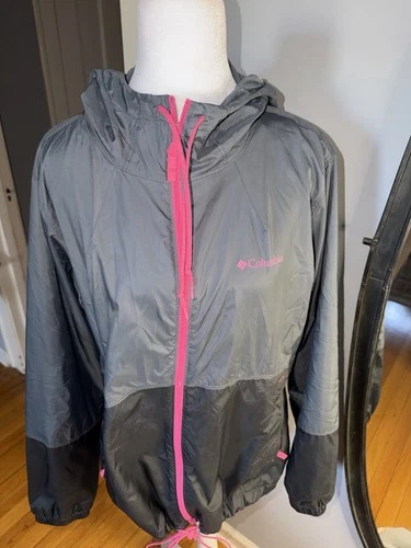 Columbia Hooded Windbreaker Lined Jacket L Gray Pink Zip - photo 2