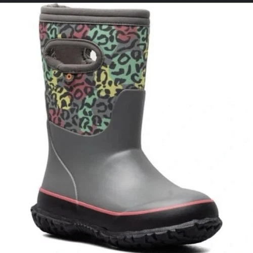 Bogs Gray Kids Rain Boots with Leopard Print Size 12