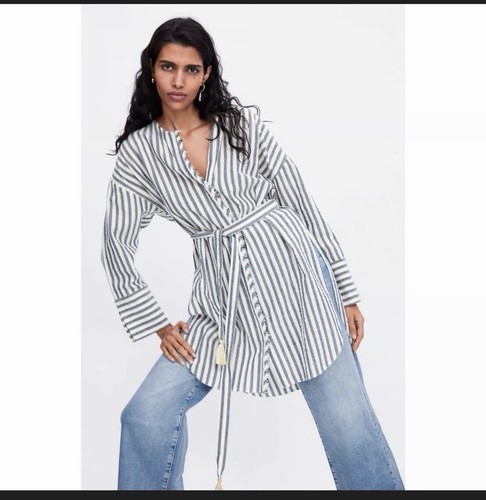 Zara Grey and White Striped Tunic Top Size M