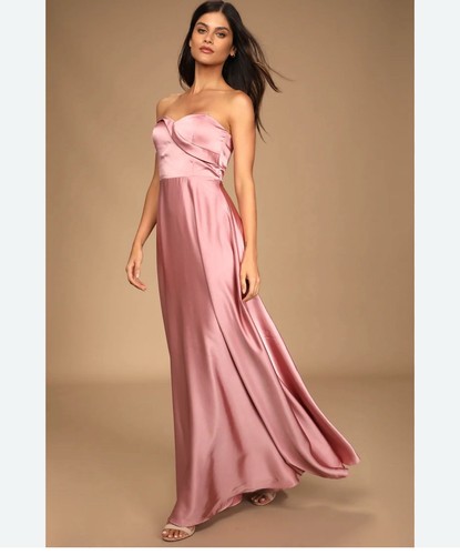 Real Romantic Light Rose Satin Strapless Maxi Dress Lulus