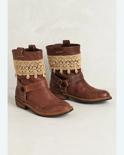 Látigo Brown Leather Ankle Boots with Lace Trim Size 6