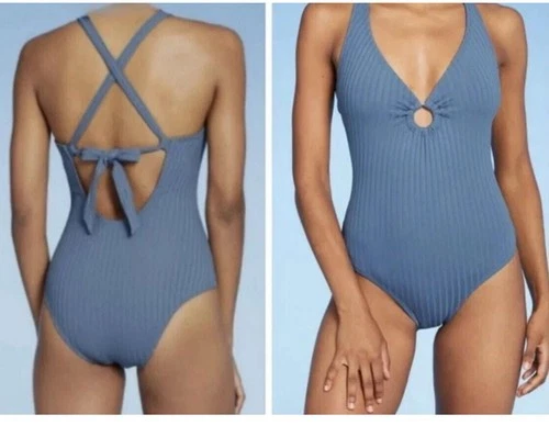 Kona Sol Womens Wide Ribbed Ring One Piece Swim Bathing Suit Blu