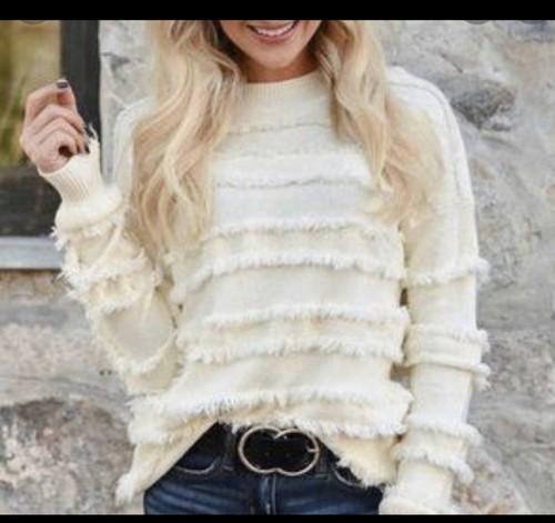 ANDTHEWHY Sz S/M Cream Fringe Sweater Bougie Pullover Long Boho