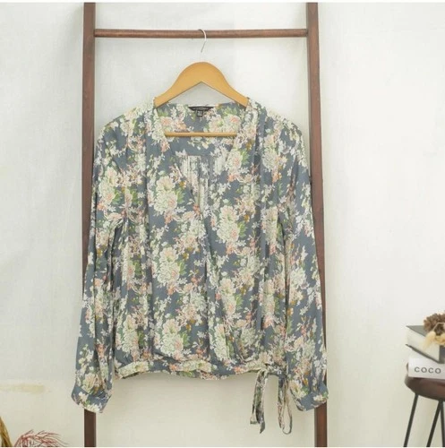 Lucky Brand Floral Wrap Blouse - Gray and Cream