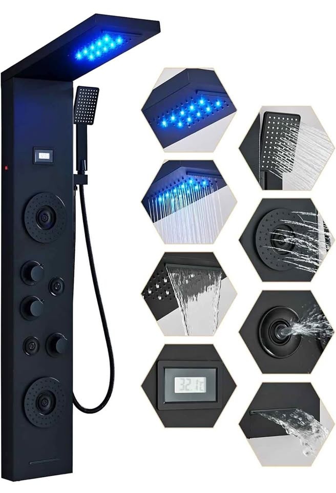 Brand New LED Shower Panel - Black Stainless Steel Rainfall & Je