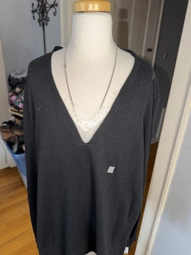 LOFT Black V-Neck Sweater with Lace Accent Size L