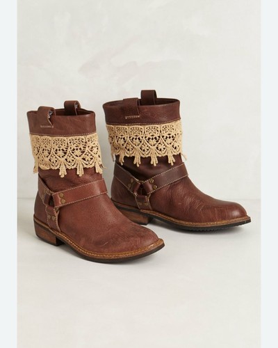 Látigo Brown Leather Ankle Boots with Lace Trim Size 6