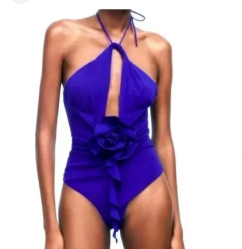 NWT Zara Bodysuit Keyhole Top Purple-Blue Halter 3D Flower Roset