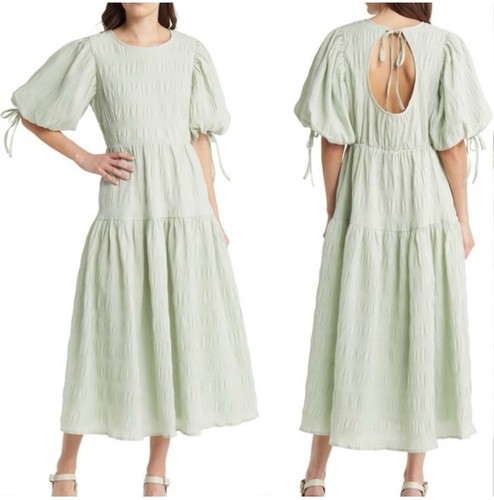 Anthropologie Moon River Midi Puff Sleeve Green Dress - Medium