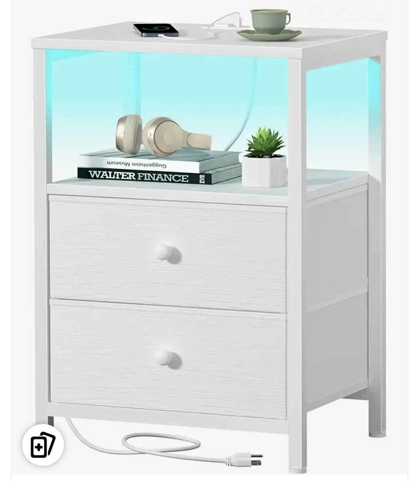 BOLUO White Nightstand w/ LED & Charging Station