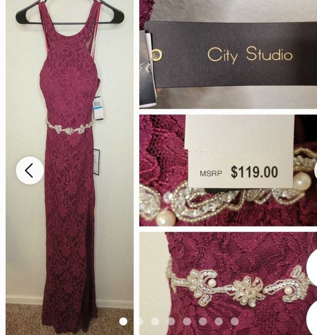 City Studio Prom Dress - Burgundy Lace, Jeweled Belt, Size S/M