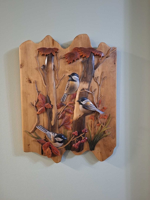 Carved 3D Wood Artwork Chickadees