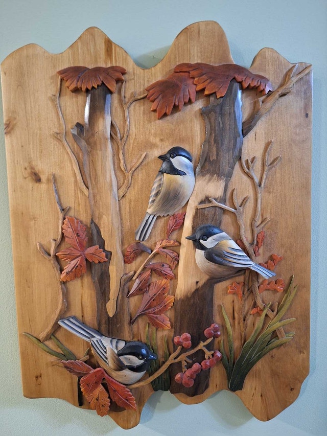 Carved 3D Wood Artwork Chickadees - photo 2