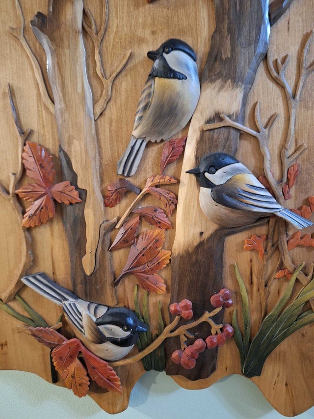 Carved 3D Wood Artwork Chickadees - photo 3
