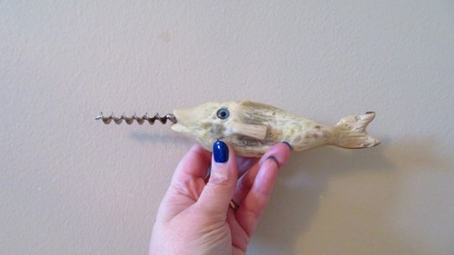 Vintage Scrimshaw Bone Fish Handle Corkscrew