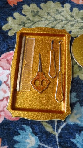 Vintage GOLDALEUR 6 pc Vanity Set - Metallic Glitter Gold - photo 3