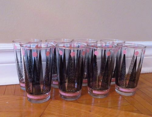 VTG 8 Hazel Atlas Mid-Century Pink and Black Crown Glasses