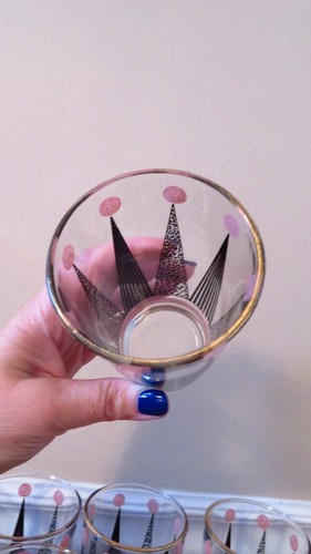 VTG 8 Hazel Atlas Mid-Century Pink and Black Crown Glasses - photo 3