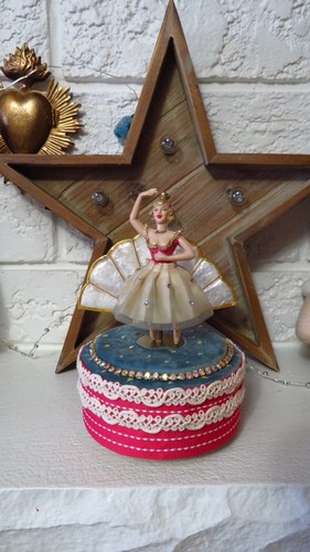 VTG Reuge Music Box, Crown Ballerina, Oak, Shell, Crystals, Rare