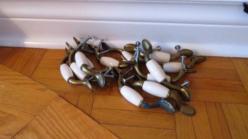Lot of 12 Brass and Porcelain Cabinet Pulls Vintage