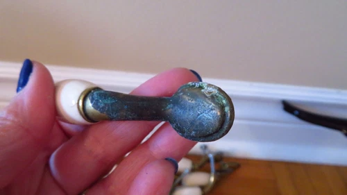 Lot of 12 Brass and Porcelain Cabinet Pulls Vintage - photo 2