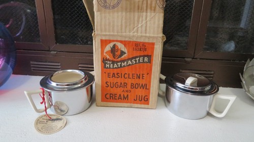 Vintage Heatmaster Cream & Sugar Set - 1950s Ceramic/Chrome