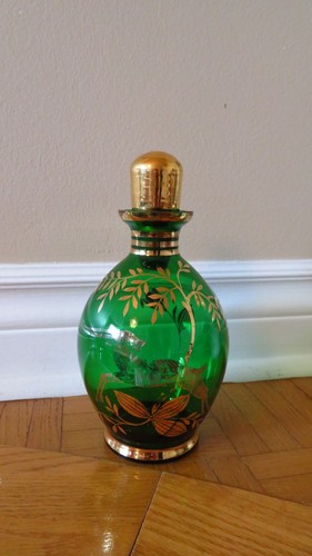 Vintage Green Gold Flowers Glass Liquor Decanter Cordial Barware
