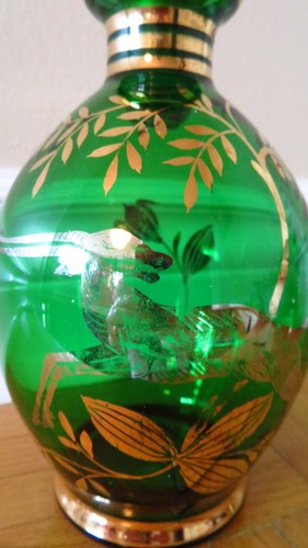 Vintage Green Gold Flowers Glass Liquor Decanter Cordial Barware - photo 3