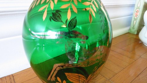 Vintage Green Gold Flowers Glass Liquor Decanter Cordial Barware - photo 4
