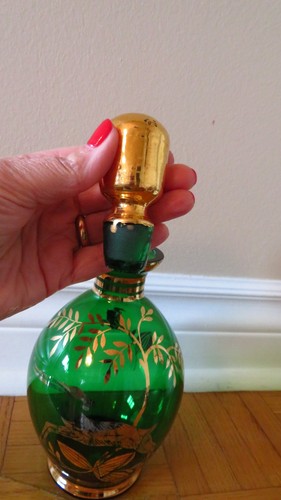 Vintage Green Gold Flowers Glass Liquor Decanter Cordial Barware - photo 5