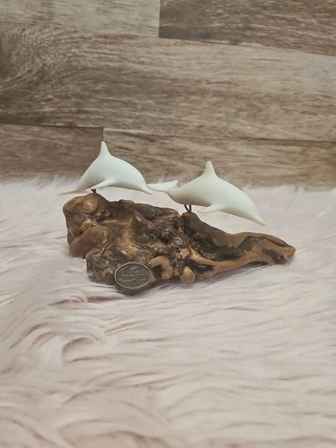 John Perry 2 Dolphins Sculpture Burl Wood Marine Life Vintage