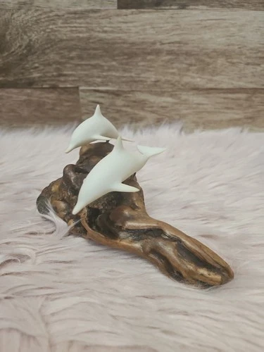 John Perry 2 Dolphins Sculpture Burl Wood Marine Life Vintage - photo 2