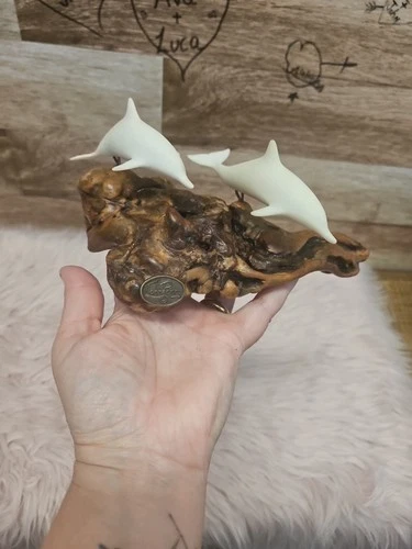 John Perry 2 Dolphins Sculpture Burl Wood Marine Life Vintage - photo 3