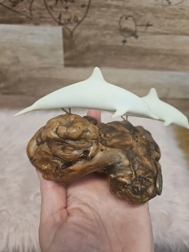 John Perry 2 Dolphins Sculpture Burl Wood Marine Life Vintage - photo 4