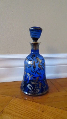 Vintage Italian Art Silver Painted Cobalt Blue Glass Decanter