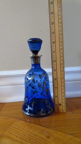 Vintage Italian Art Silver Painted Cobalt Blue Glass Decanter - photo 4
