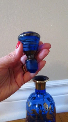Vintage Italian Art Silver Painted Cobalt Blue Glass Decanter - photo 5
