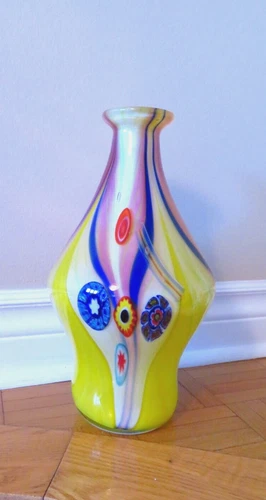 Vintage 1950 Murano Fratelli Toso Millefiori Glass Vase - Yellow