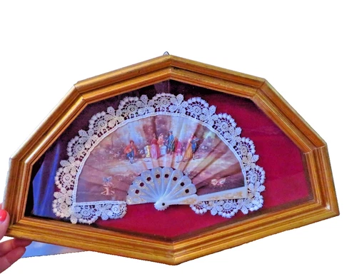 Framed antique opera fan / hand painted/ ornate details / glass