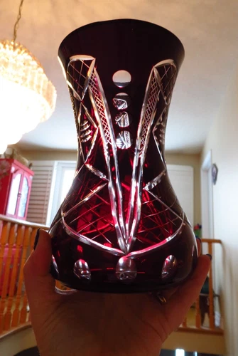 Rare Vintage Crystal Vase - Bohemia Czech Ruby Red Cut/Etched