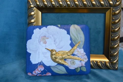 Vintage jewelry box, blue with flowers, golden bird, BOHO - photo 2