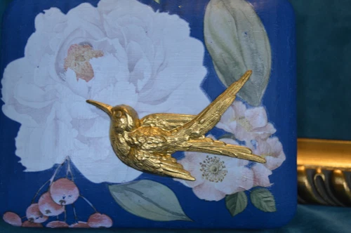 Vintage jewelry box, blue with flowers, golden bird, BOHO - photo 3