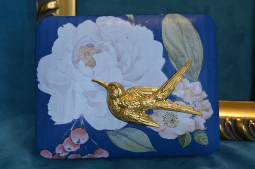 Vintage jewelry box, blue with flowers, golden bird, BOHO - photo 4