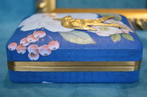 Vintage jewelry box, blue with flowers, golden bird, BOHO - photo 5