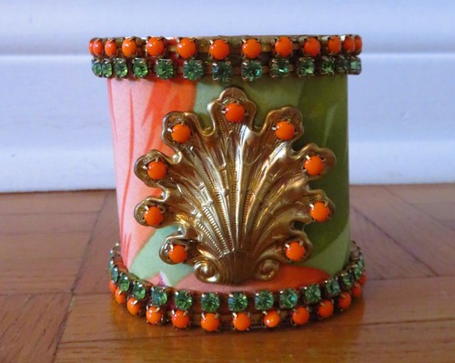 Vintage 1960s Art Deco Bangle - Silk, Rhinestones, Gold Shell
