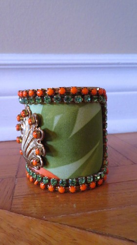 Vintage 1960s Art Deco Bangle - Silk, Rhinestones, Gold Shell - photo 2