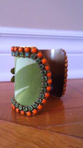 Vintage 1960s Art Deco Bangle - Silk, Rhinestones, Gold Shell - photo 3